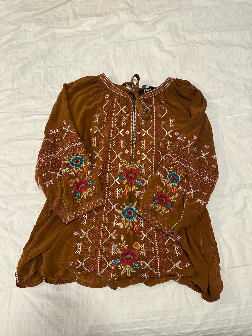 Johnny Was Workshop Rust Brown Embroidered Peasant Tunic
